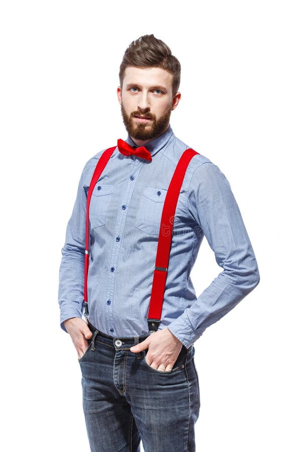 Stilvoller Kerl, Der Blaues Hemd, Rotes Bowtie Und Hosenträger Isolat Trägt  Stockbild - Bild von jacke, beiläufig: 92280871
