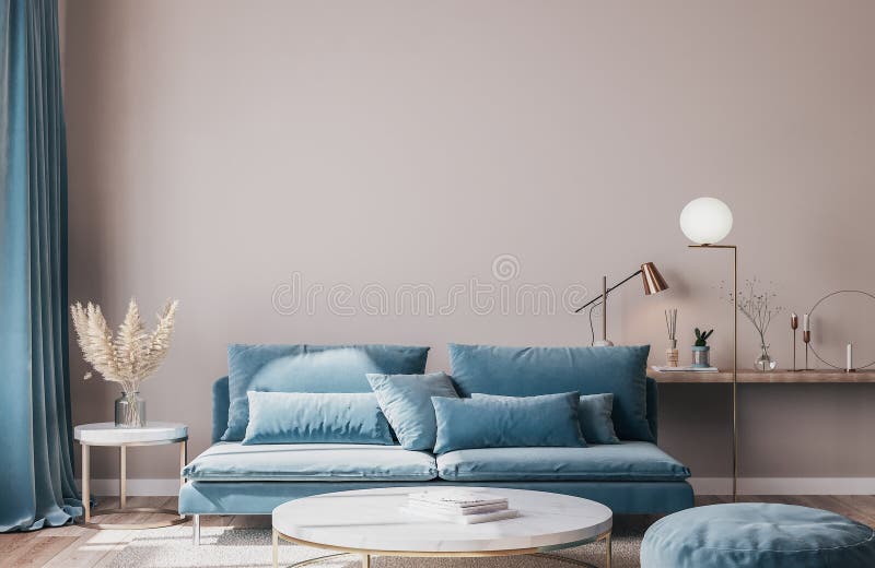 Stilvoller moderner Innere des blauen Wohnzimmer mit Luxuswohnaccessoires