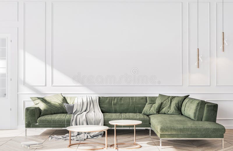 Stilvoller Wohnzimmerinnenraum der modernen weißen Wohnung und des modischen Grüne schönen Möbelausgangsdekors.