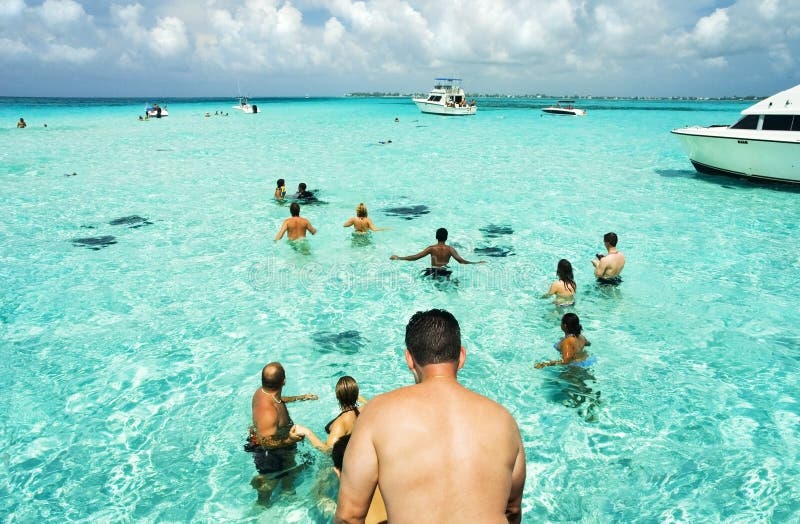 Tourists disembark a dive boat and prepare to swim with the stingrays at stingray city in the cayman islands. Tourists disembark a dive boat and prepare to swim with the stingrays at stingray city in the cayman islands