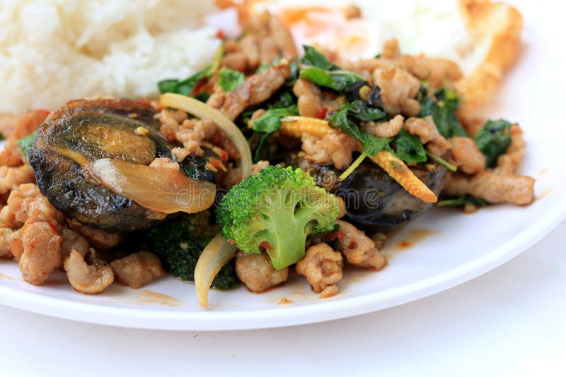 Stir-fried basil leave with minced pork, chicken, fried preserved egg and carrot, yellow corn, Broccoli with rice and fried egg in royalty free stock photography Stir-fried basil leave with minced pork, chicken, fried preserved egg and carrot, yellow corn, Broccoli with rice and fried egg in royalty free stock photography