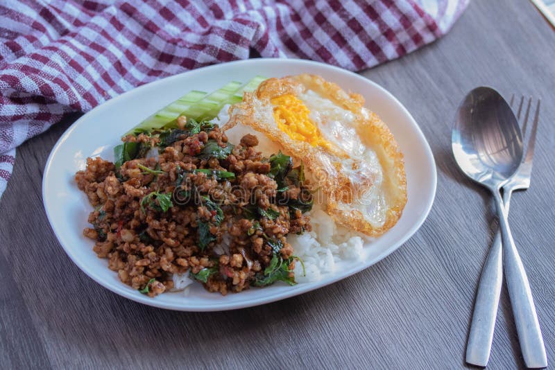 Stirfried Basil with Minced Pork and Fried Egg, Popular Thai Food