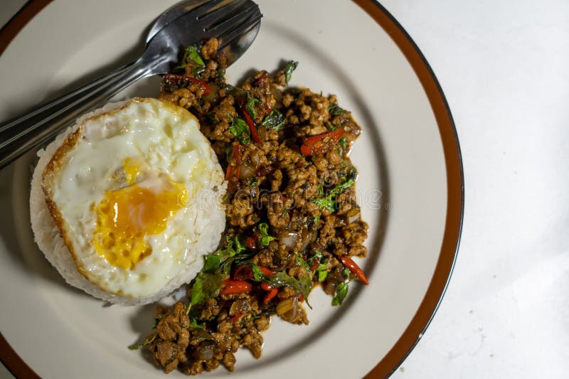 Stirfried Basil with Pork and Fried Egg Stock Image Image of sweet