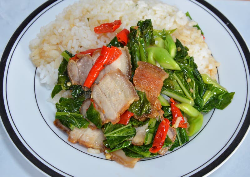 Stirfried Chinese Kale with Crispy Pork on Rice Stock Image Image of