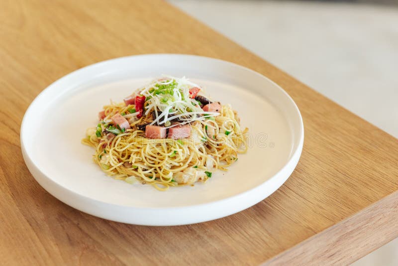 Stir Fried Chinese Noodle with Ham and Crab Meat Stock Image Image of