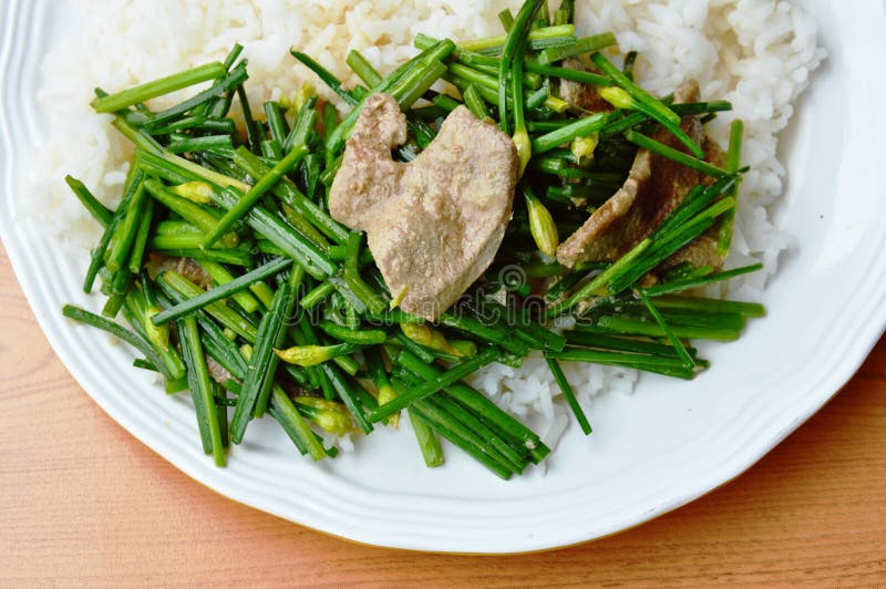 Stir Fried Garlic Chives with Pork Liver on Rice Stock Image Image of