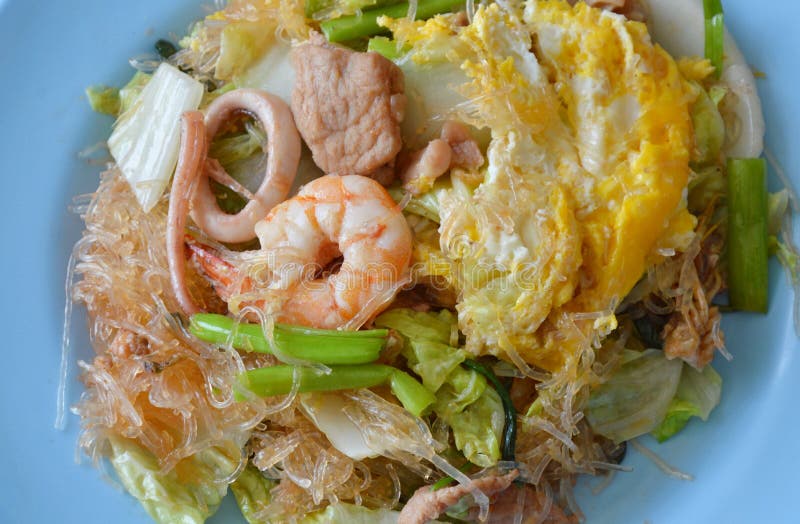 Fried Glass Noodles with Pork and Vegetable on Plate Stock Image