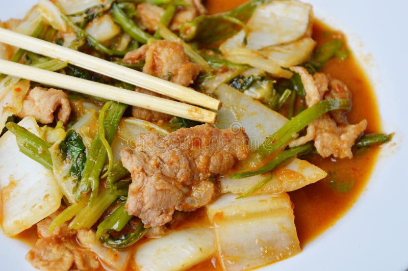Stir Fried Mixed Vegetable and Pork in Sukiyaki Sauce on Dish Stock