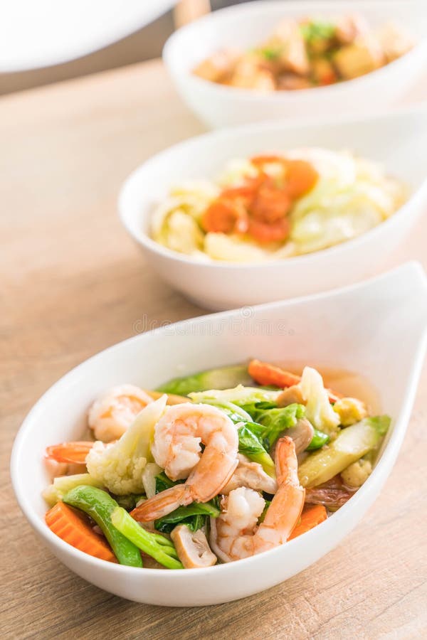 Stir-Fried Mixed Vegetables in Oyster Sauce with Shrimps Stock Image