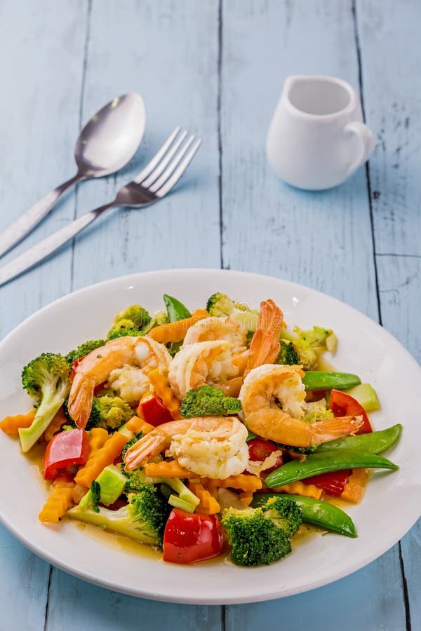 Stir Fried Mixed Vegetables with Shrimp Stock Image - Image of