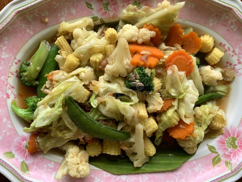 Stir Fried Mixed Vegetables for Thai Meal in Local Market Stall Stock
