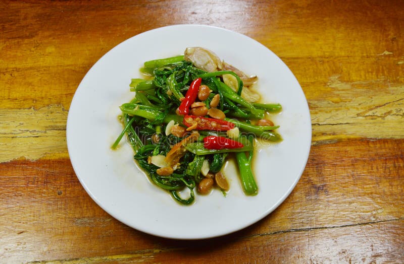 Stir Fried Morning Glory with Chili and Soy Bean Paste on Dish Stock