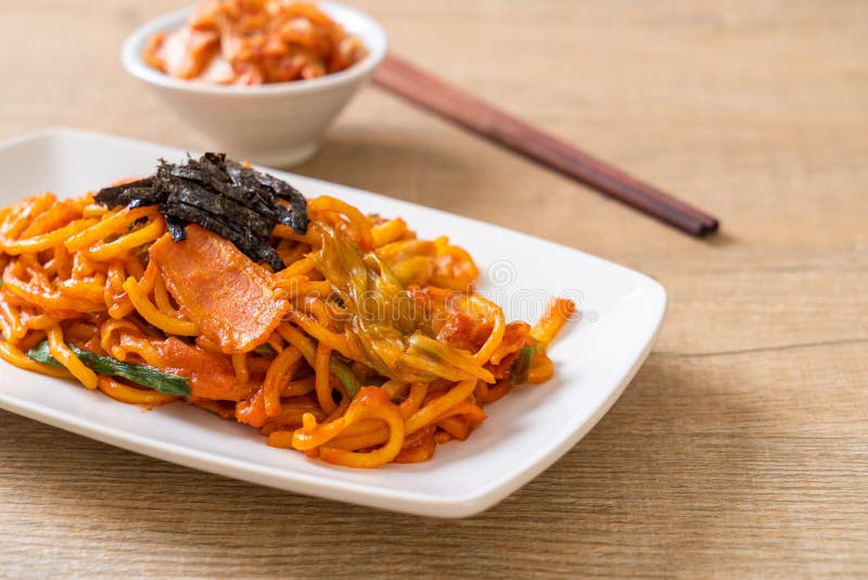Stir-fried Noodles with Korean Spicy Sauce and Vegetable Stock Image