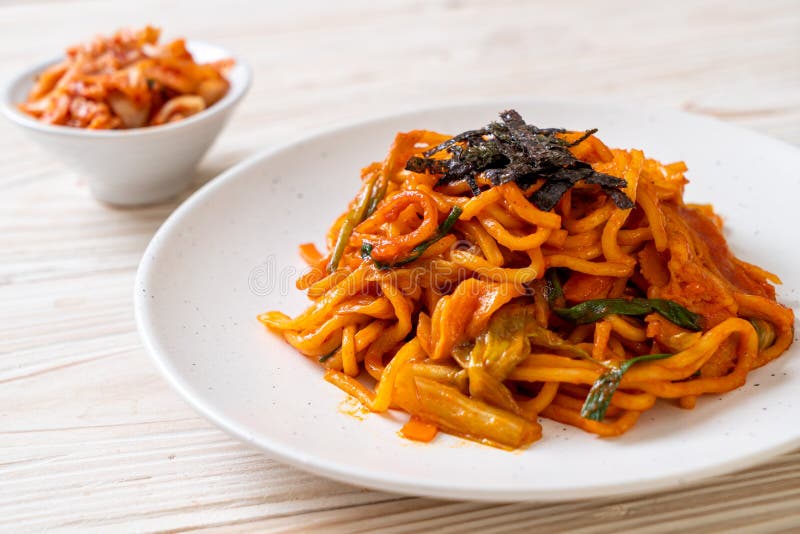 Stir-fried Noodles with Korean Spicy Sauce and Vegetable Stock Image
