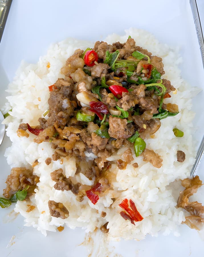 Stirfried Pork with Chicken and Basil Leaf ,Thai Style Food Stock