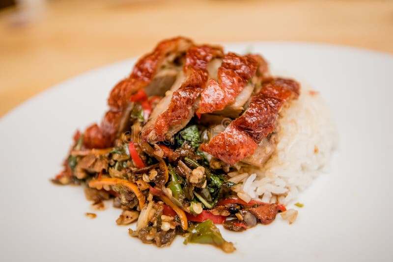 Stirfried Roasted Duck and Basil and Fried Egg with Rice, Thai Stock