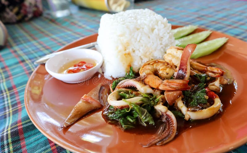 Thai food is delicious. With shrimp, squid as the main components And is the local food of Thailand royalty free stock photo