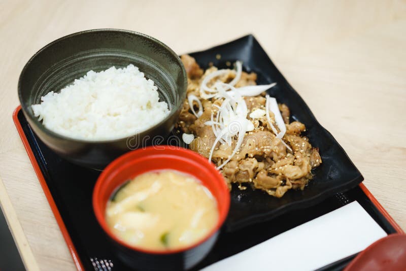 Stir Fried Sesame Beef with Miso Soup and Rice Stock Image - Image of