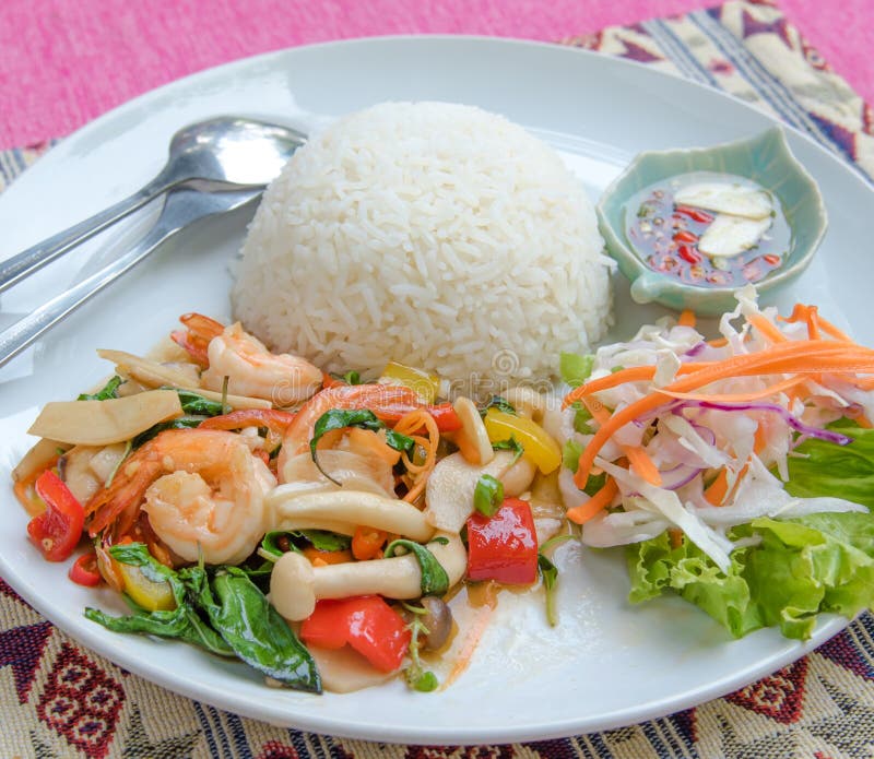 Stir-fried Shrimp with Holy Basil and Rice Set Serve with Fish S Stock