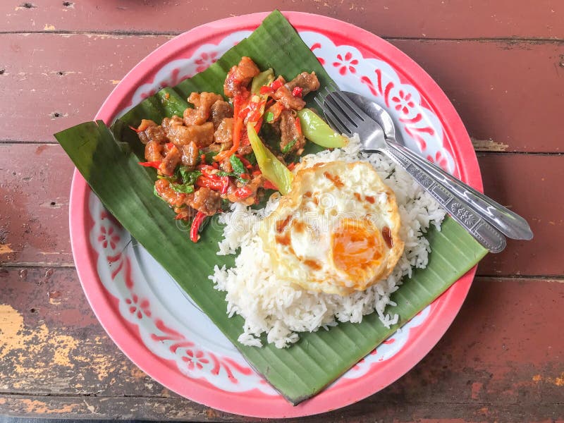 Fried Spicy Crispy Pork with Thai basil royalty free stock photos Fried Spicy Crispy Pork with Thai basil royalty free stock photos