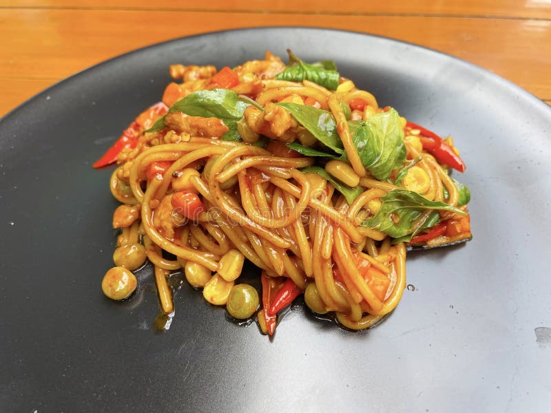 Stir Fried Spicy Spaghetti with Chicken Stock Photo - Image of dish