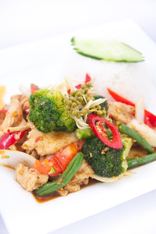 Stir fried spicy Thai herbs with jasmine rice.