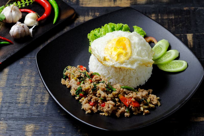 Stir Fried Thai Basil with Minced Pork and a Fried Egg on Dark