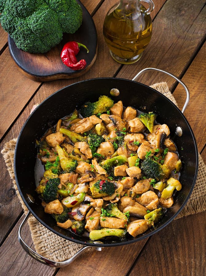 Stir Fry Chicken with Broccoli and Mushrooms. Stock Image - Image of
