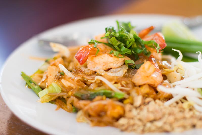 Stir fry rice noodles and shrimp stock images