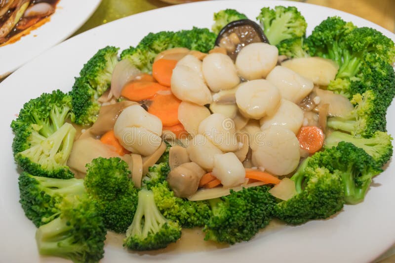 Stir Fry Scallops And Chinese Broccoli Vegetable Stock Photo Image of