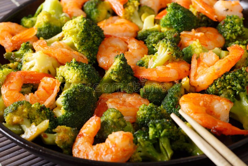 Stir Fry Shrimp with Broccoli and Garlic Macro. Horizontal Stock Photo
