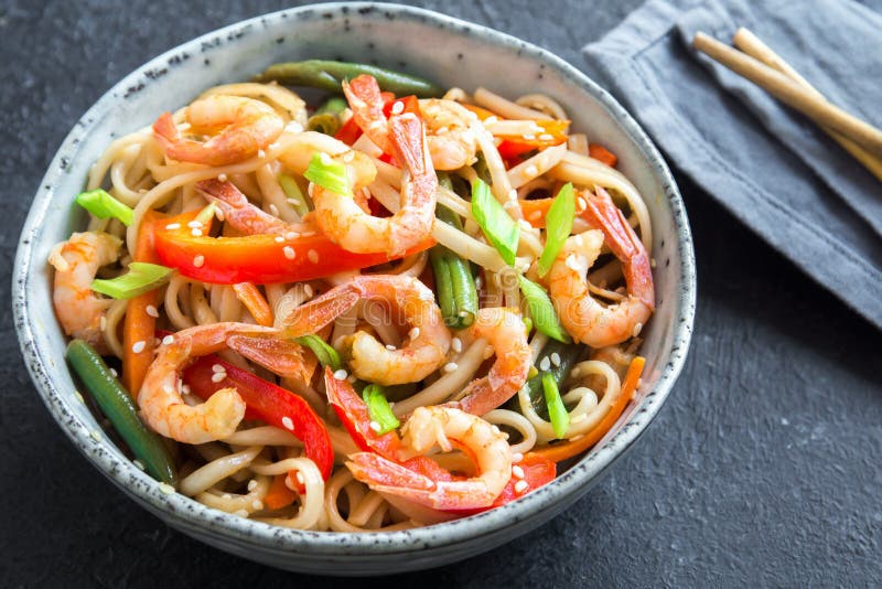 Stir Fry with Shrimps Prawns and Noodles Stock Image - Image of noodles ...