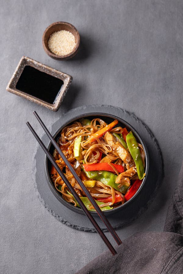 Stir-fry with Soba Noodles, Chicken and Vegetables. Asian Fast and