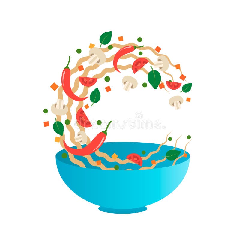 Stir fry vector illustration. Flipping Asian noodles with vegetables in a blue bowl. Cartoon style stock illustration Stir fry vector illustration. Flipping Asian noodles with vegetables in a blue bowl. Cartoon style stock illustration