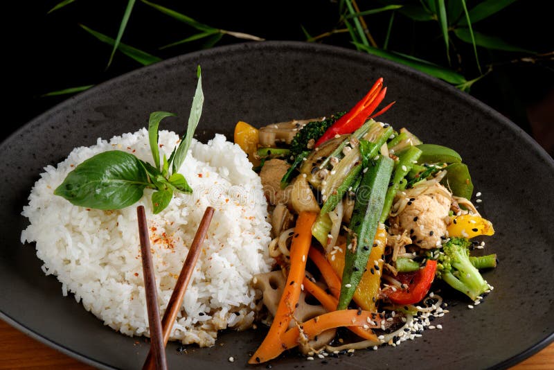 Stir Fry Vegetable/Chicken with Rice Stock Photo - Image of capsicum