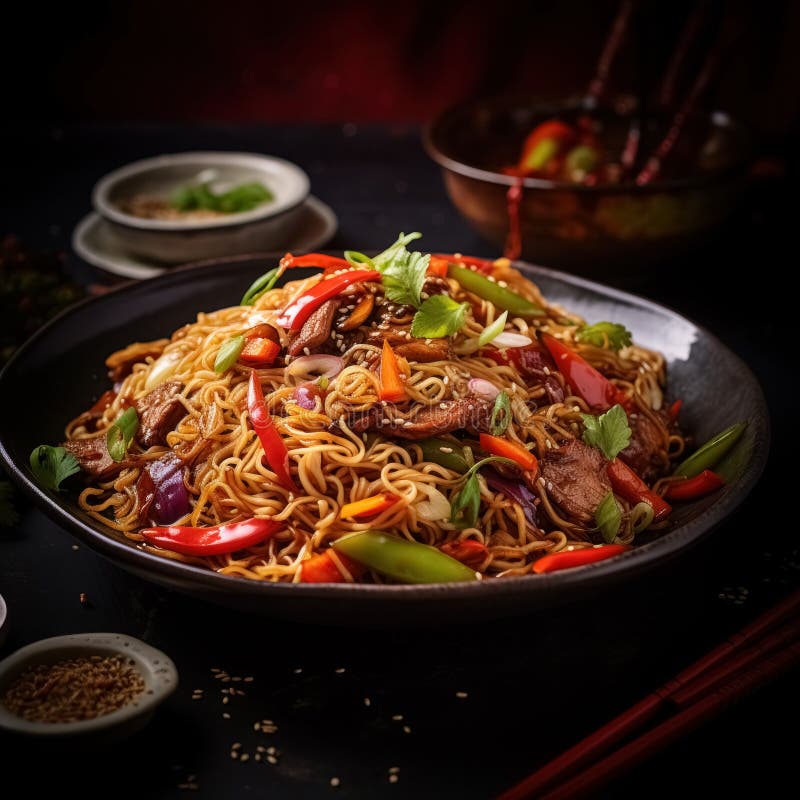 Stir Fry Yakisoba Noodles with Vegetables and Beef in Black Bowl on