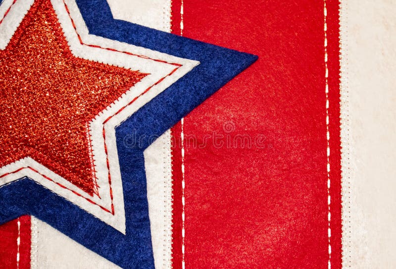 Stitched fabric background of star on stripes -Red White and Blue - Patriotic holiday background or element