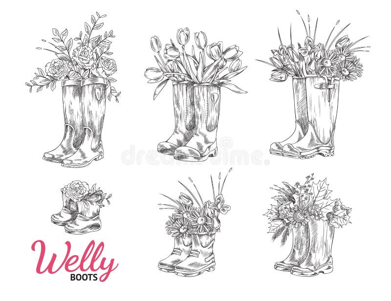 Stivali di gomma diversi, disegnati a mano, diversi, con bouquet di fiori illustrazione vettoriale