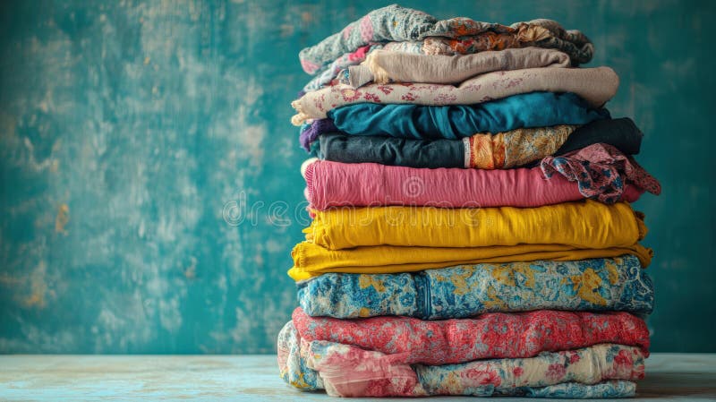 Stivă colorată de haine pliate pe un fond rustic, care capturează textilele comode cu vibrante royalty free stock photos