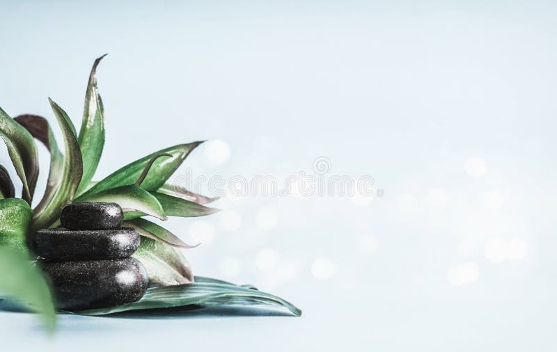 Stivă de pietre fierbinți negre cu frunze verzi pe fond albastru deschis cu bokej. tratamentul prin masaj. echipamente de întreți stock photo