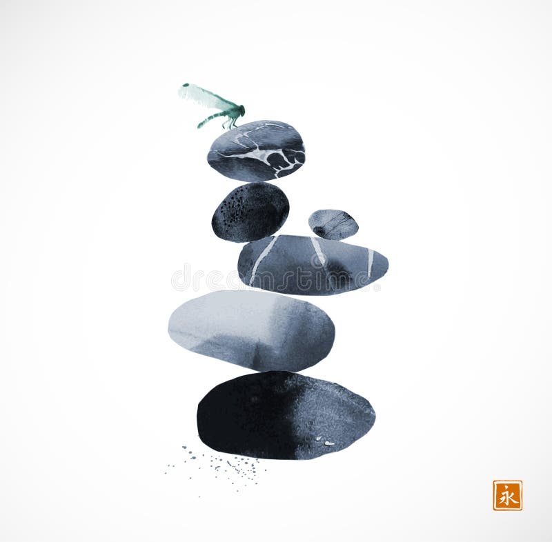 Stivă de pietre zen echilibrate cu libelulă deasupra. sumie orientală tradițională pentru pictură cu cerneală, usin gohua. traduce royalty free illustration