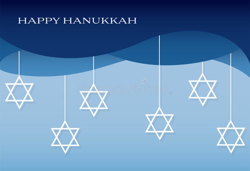 Star of David ornaments hanging from blue wavy border, with Happy Hanukkah text. Star of David ornaments hanging from blue wavy border, with Happy Hanukkah text