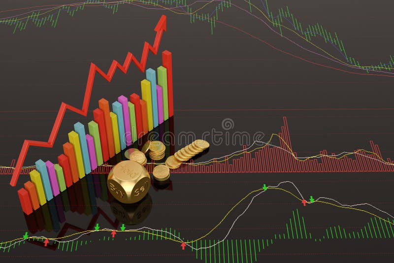 Stock Concept Dices and Coins on Stock Chart.3D Illustration. Stock