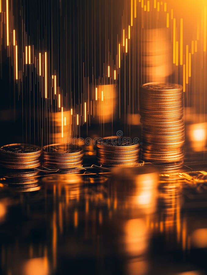 Stock market analysis visualizing rising trends with golden coins and graph patterns royalty free stock photos