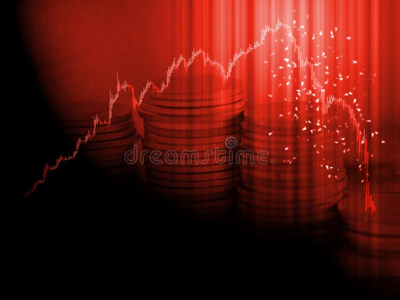 Stock market chart panic sell concept. Red candle sticks graph hit peak then price drop down dramatically with stack of coins pile