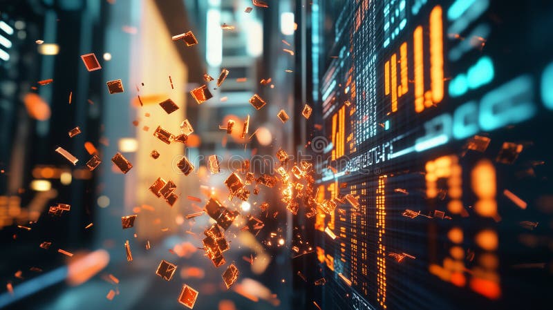 Stock market collapse illustrated through digital effects and abstract numbers in a futuristic setting royalty free stock photos