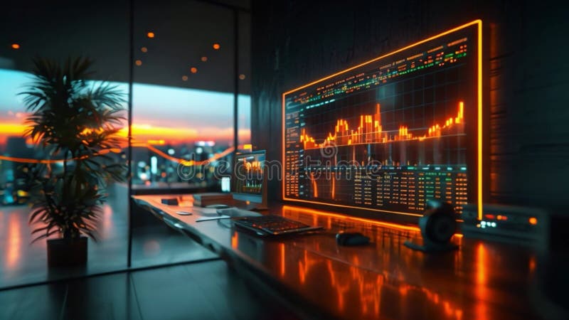 Stock Market Data Display on Computer Monitor in Office vector illustration