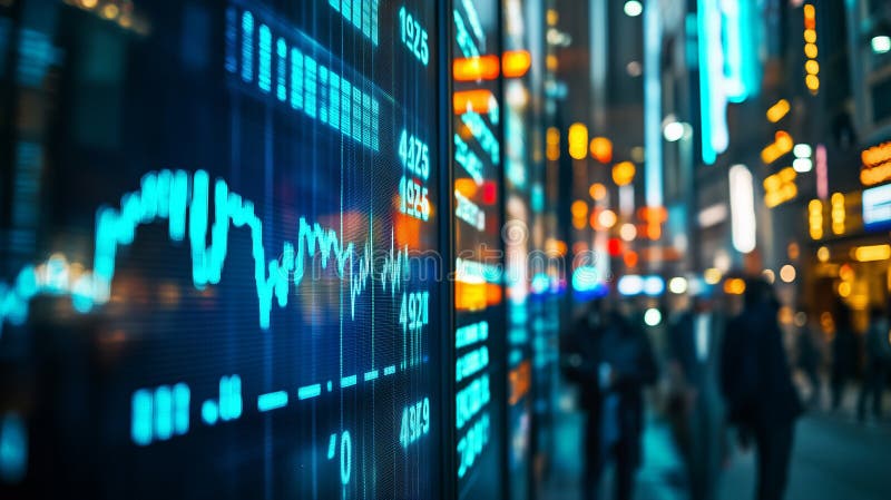 Stock market data displayed on a bright LED screen in a bustling urban environment at night stock images