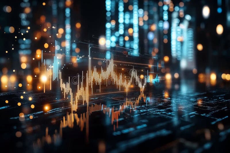 Stock Market Data Visualization With Vibrant Digital Elements and Glowing Metrics on a Dark Background stock photo