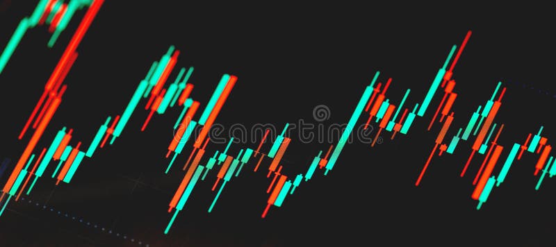 Stock market exchange candlestick chart graph closeup, macro, Day trading concept. candle sticks on screen up close, tech analysis stock photography